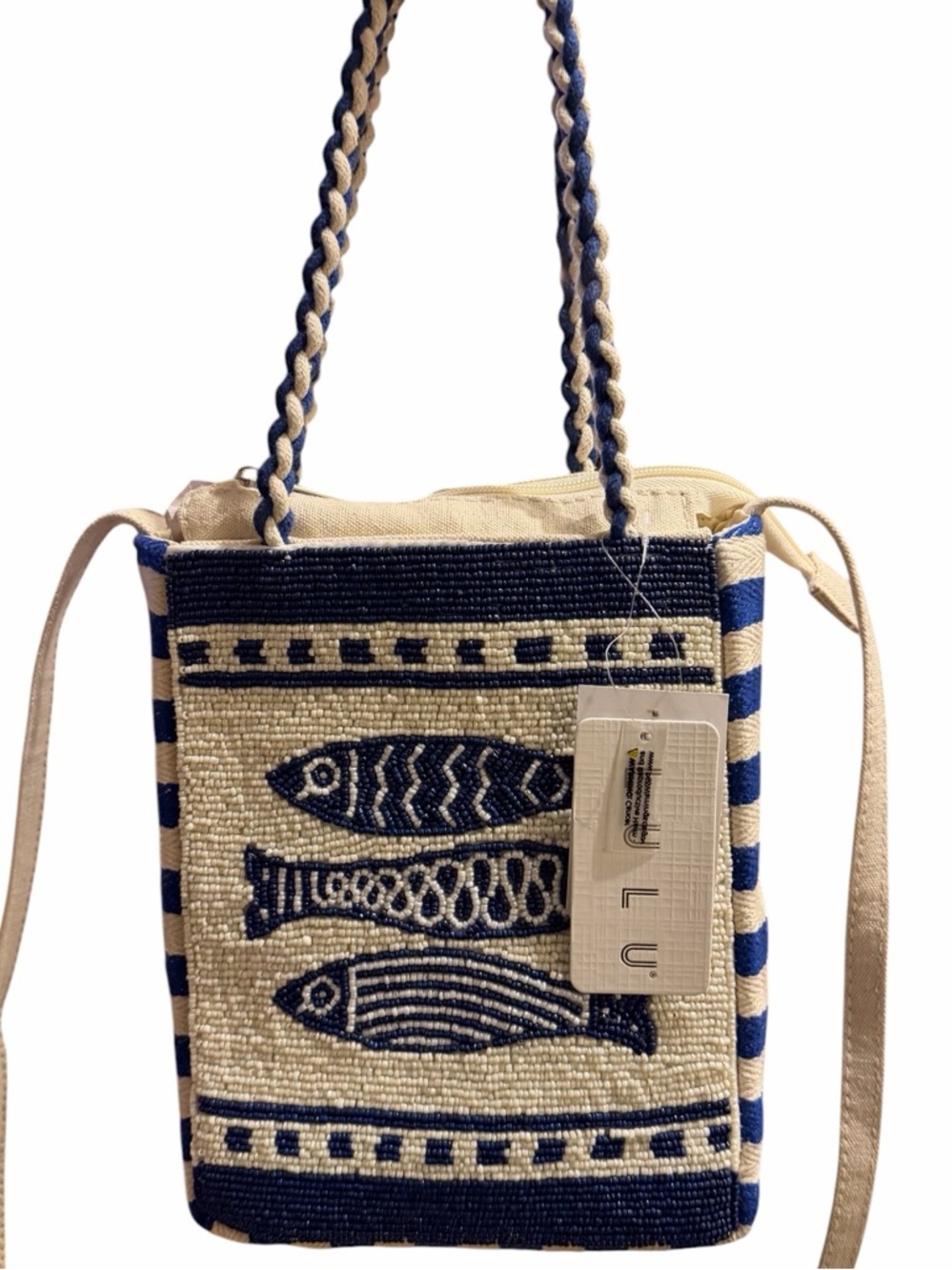 Lulu Navy & Cream Beaded Sardine/Fish Beaded Crossbody/Shoulder Bag
